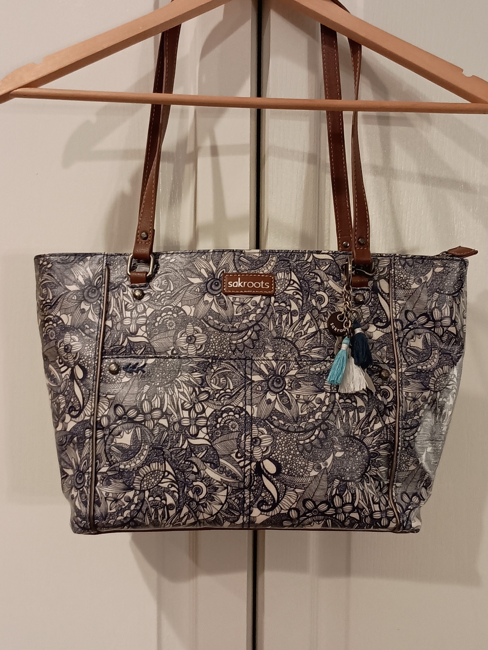 Sakroots Navy Floral Tote Bag with Brown Straps